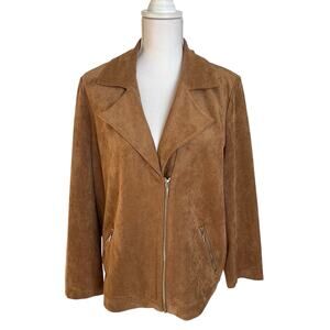 Chico's Jacket Size 3P 16/18P XL Petite Brown Tan Faux Suede Moto Gold Zippers